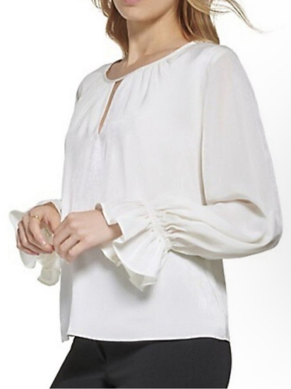 NEW DKNY Ruffled Satin Silky Blouse Top MEDIUM long sleeves Ivory white NWT